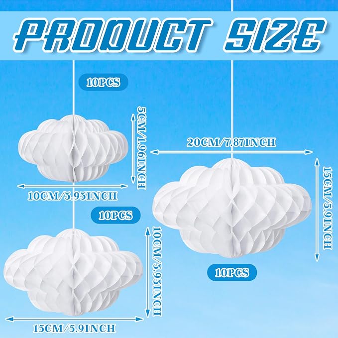 Affrolling 30 Pcs 3D Cloud Decorations Hanging Honeycomb Decor Artificial Cloud - Image 3