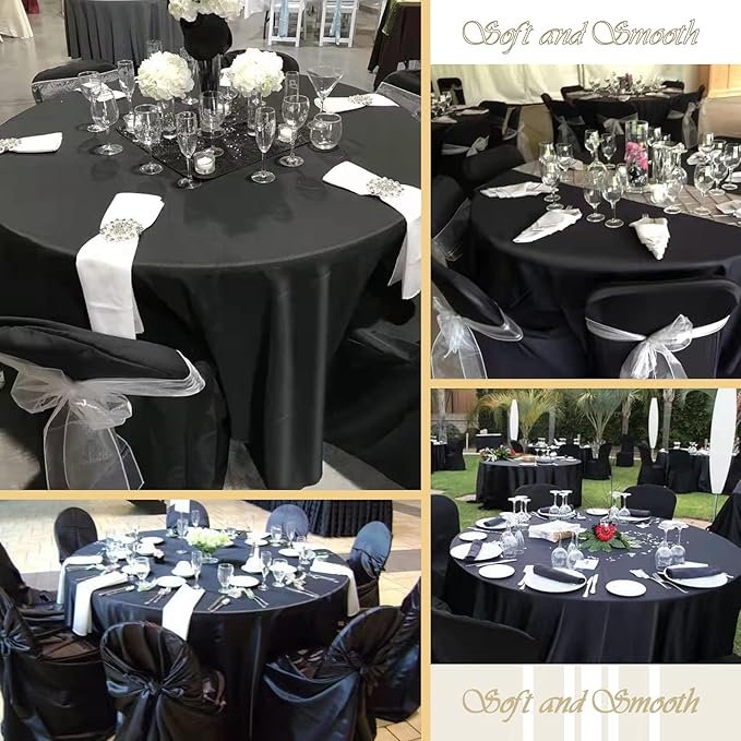 fani 12 Pack 108 Inch Black Satin Tablecloth - Premium Bright Silky Round Tablecloth Overlay Smooth Fabric Table Cover, Table Decoration for Wedding Party Banquet Events Restaurant Kitchen Dining