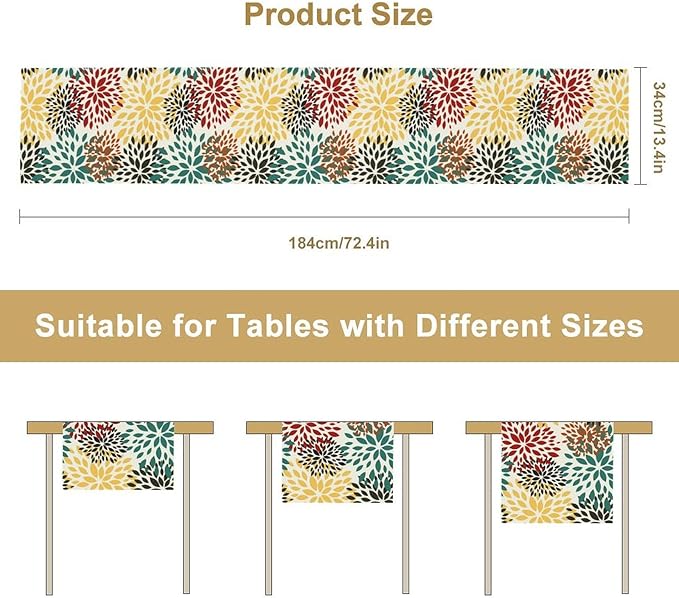 Green Red Dahlia Flower Table Runner Chrysanthemum Geometric Kitchen Dining Bedroom Living Room Table Decor for Indoor Outdoor Home Party, 13x90 Inch
