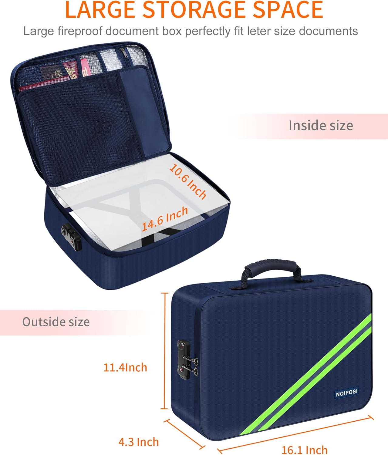 Noiposi Document Organizer with 5200℉ Heat Insulated,16.1"x11.4"x4.3" Waterproof and Fireproof Document Box,Portable Home Travel Safe Storage Box for Important Documents and File,Blue