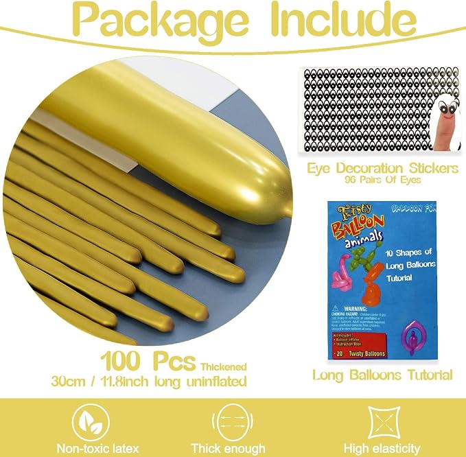 260 Balloons Metallic Gold, Thickened 100 Pack Long Balloons Twisting Skinny - Image 2