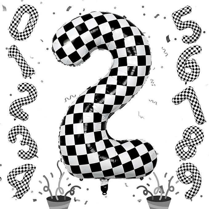 40 Inch 2nd Birthday Number Balloon, Checkered Foil Self Inflating 2 Balloons by Isndare