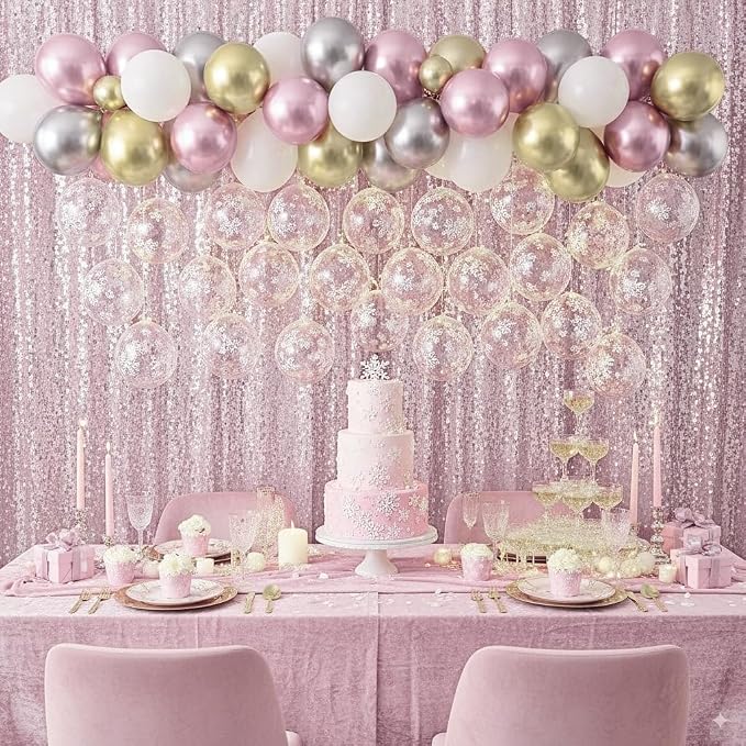 Pink White Winter Wonderland Snowflake Balloons Set, Metallic Light Pink Gold - Image 7