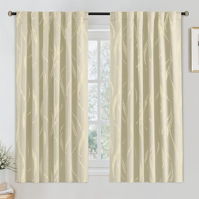 Yakamok Cream Light Blocking Curtains 63 Inches Long Gold Print Wide 52" | Gold by Yakamok