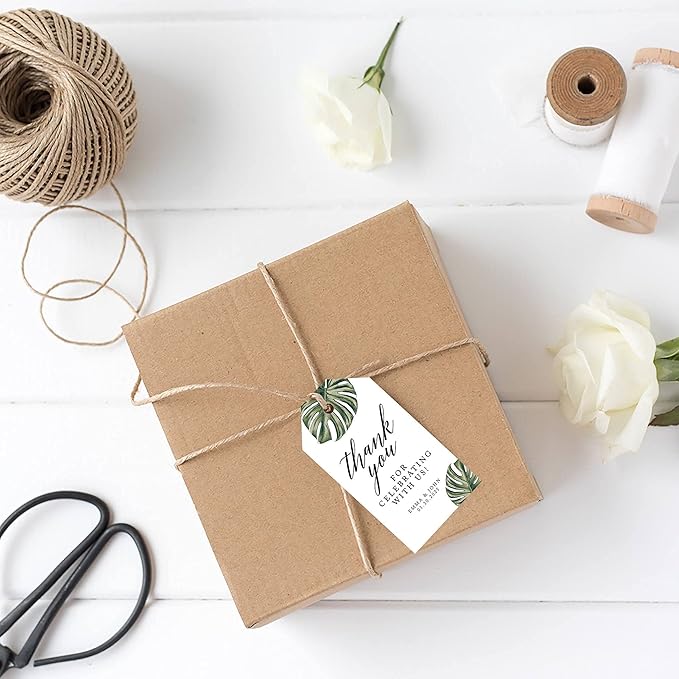 Andaz Press 100-Pack Personalized Thank You for Celebrating with Us Wedding Favor Tags with Bakers Twine Tropical Monstera Leaves Custom Cardstock Wedding Gift Tags for Party Favors 2 x 3.75-Inches