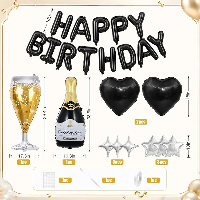 Black Happy Birthday Balloons Banner, Champagne Bottle Glass Balloon - Image 2