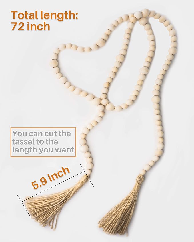 Wood Bead Garland with Tassels, 72 Inch Natural Wooden Beads Garland, 6 Feet - Image 2