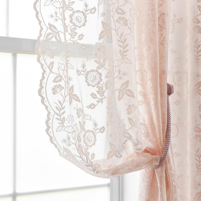 FINECITY Blush Pink Lace Curtains Rustic Leaf Floral 42 x 84 Inch, 2 Panels | - Image 4