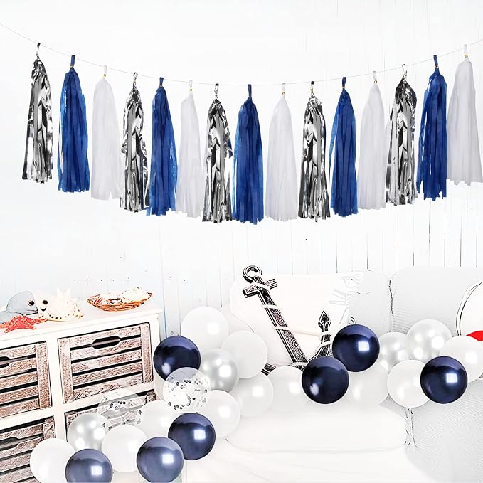 Navy-Blue White-Silver Tassel Garland Streamers - Image 3