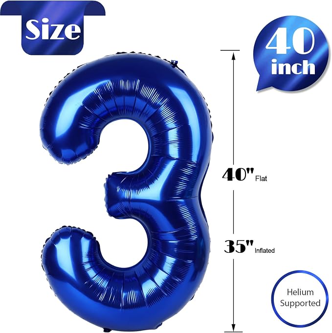 NightBlue Number 3 Balloon 40 Inch, 3rd Birthday Decorations Men Women | Foil - Image 5