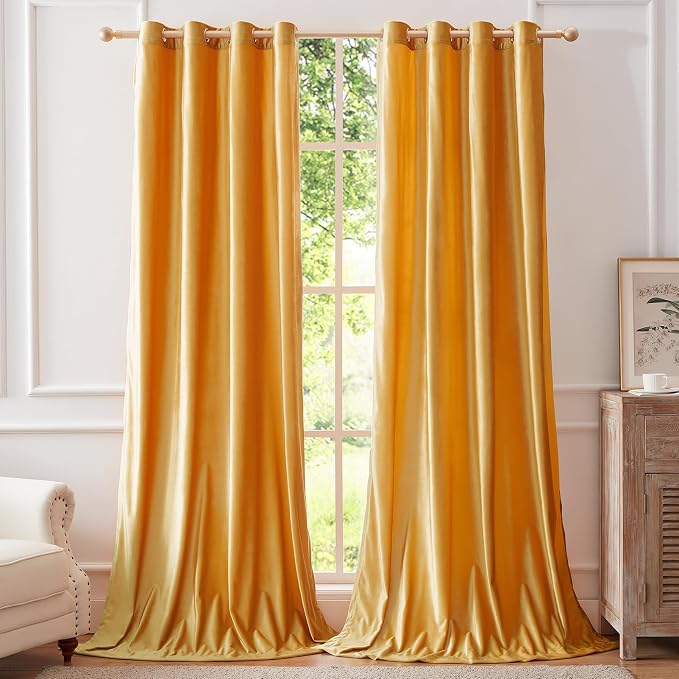 Velvet Mustard Yellow Blackout Curtains 102 inch Long by ModernShinyVelvetCurtains