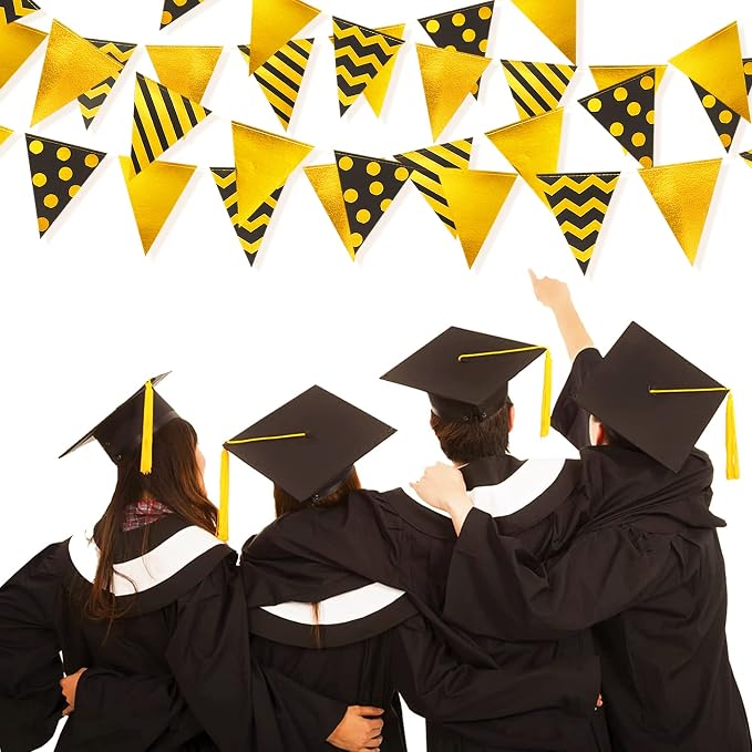 39 Ft Black Gold Triangle Pennant Banner Metallic Foil Polka Dot Stripe Paper - Image 3