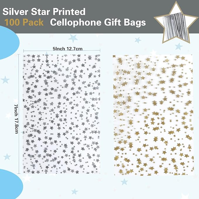 100 Pcs Star Printed 5"X 7" Gift Wrap Cello Cellophane Treat Bags Party Favor - Image 2