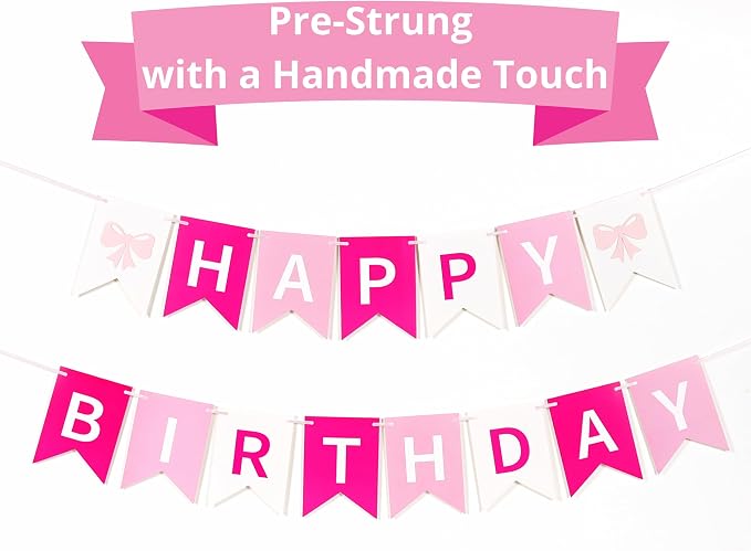 Pink Bow Birthday Banner, Pre-Strung Coquette Party Decorations by GALASET