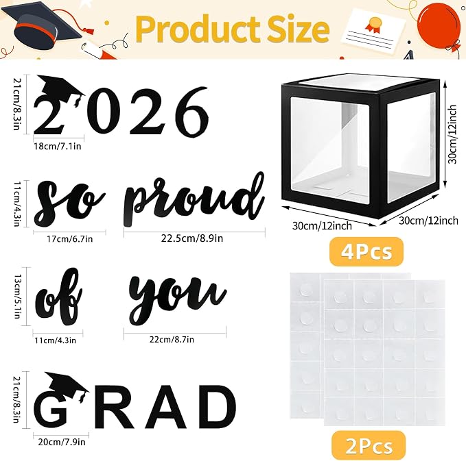 Pack of 4-12x12x12 Inches Black Clear GRAD Balloon Boxes - Image 2