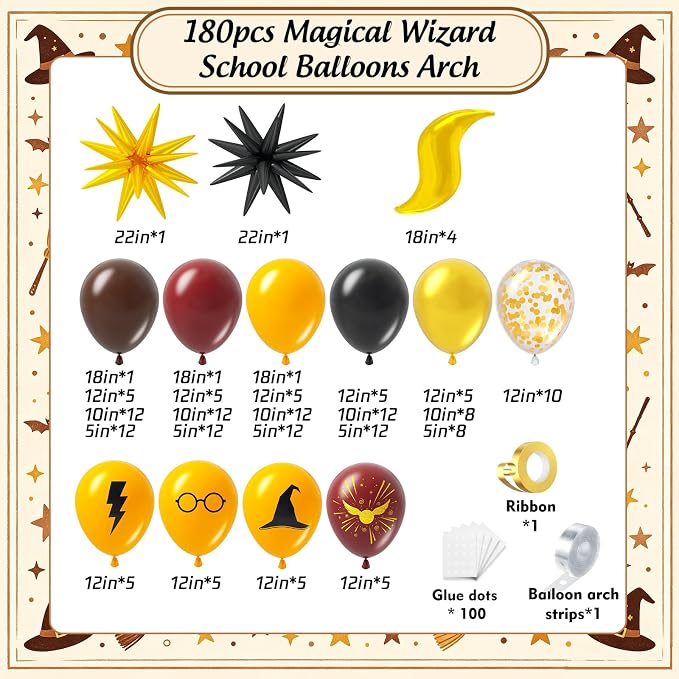 Magical Wizard Garland Arch Kit 180Pcs, Burgundy Yellow Black Gold Confetti - Image 2