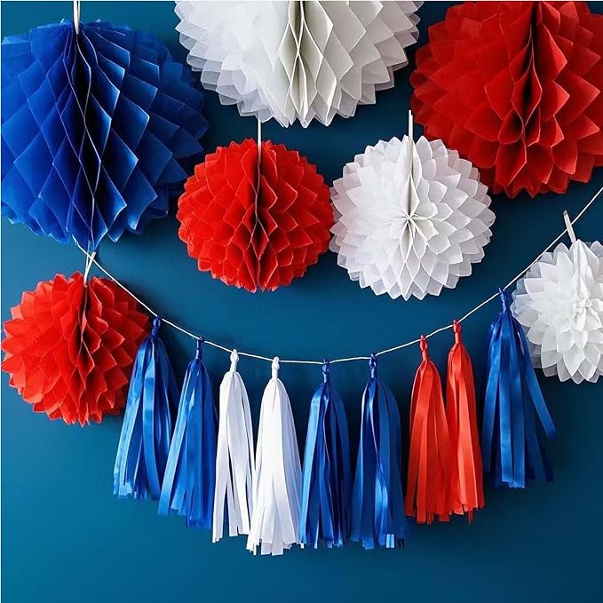 Red White and Blue Tissue Paper Tassels 30pcs Streamers Party - Image 6