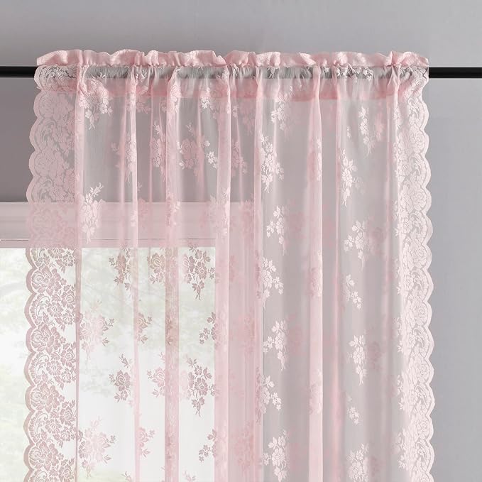 Kotile Pink Lace Curtains for Living Room Rustic Floral 52x72 Inch 2 Panels | - Image 2