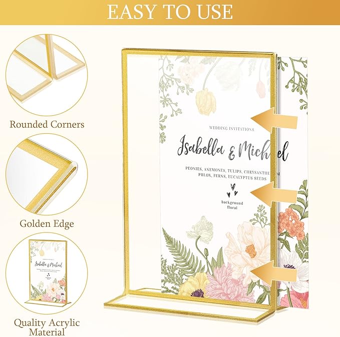 Hoteam 18 Pack Acrylic Sign Holder 5 x 7 Inch Gold Frames Wedding Table Number Holders, Double Sided Picture Frame Clear Display Menu Stand for Home Photo Flyers Wedding Party (Vertical)