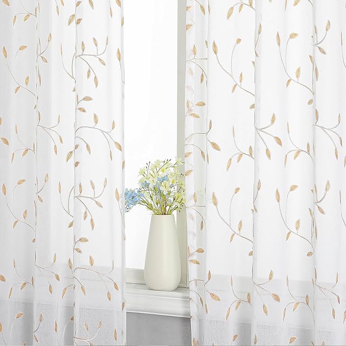 White Sheer Curtains Orange Leaf Embroidery Linen 96 Inches Long | Light - Image 6
