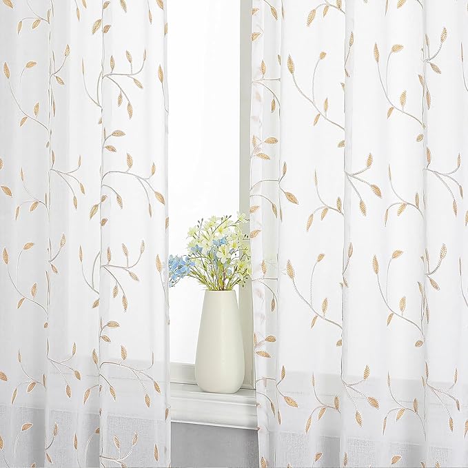 VISIONTEX White Sheer Voile Curtains, Decorative Orange Leaves Embroidery Faux Linen Rod Pocket Window Drapes for Home Kitchen, Living Room and Bedroom 54 x 95 Inch, Set of 2 Curtain Panels