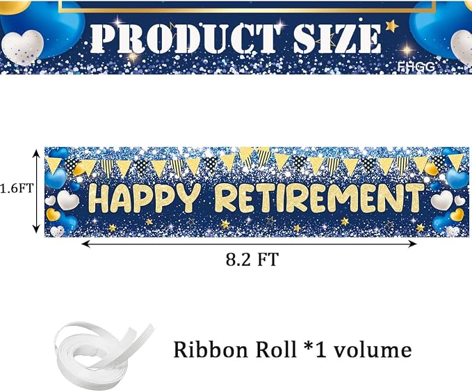 Happy Retirement Banner Backdrop Party Decoration Blue Gold Glitter Garland - Image 3