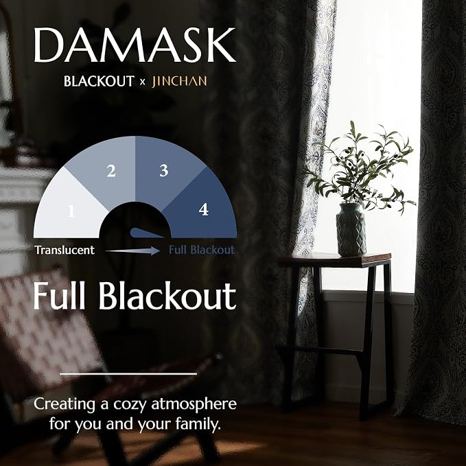 jinchan Blue Blackout Curtains 90 Inch Damask Vintage Grommet 2 Panels | Room - Image 4