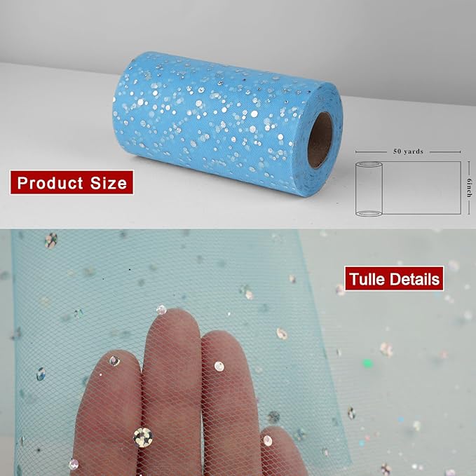 Glitter Tulle Rolls, 6” by 50 Yards (150FT) Sequin Tule Netting Fabric Tulle for Tutu Skirts Sewing Birthday Wedding Party Decoration (Light Blue)