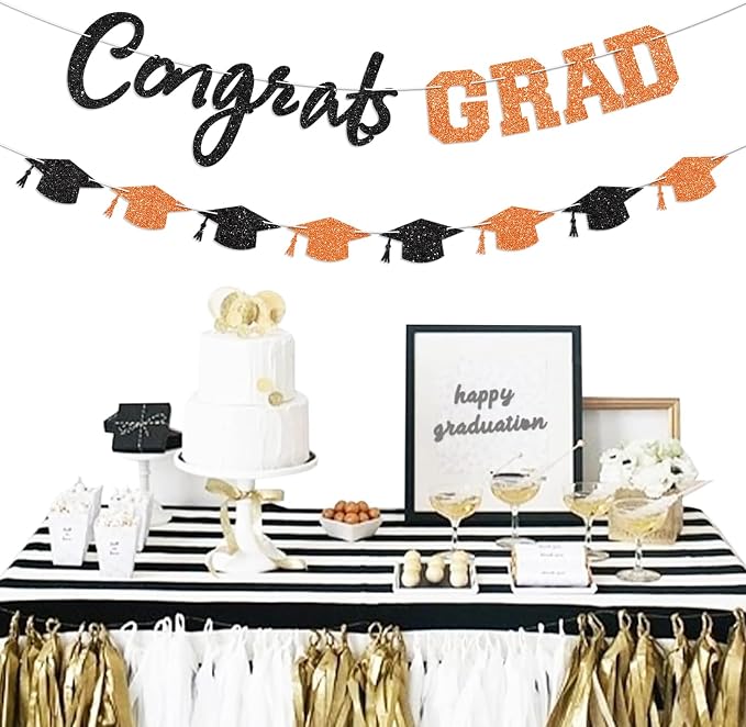 Prestrung Congrats Grad Banner Orange and Black Graduation Banner - Image 5