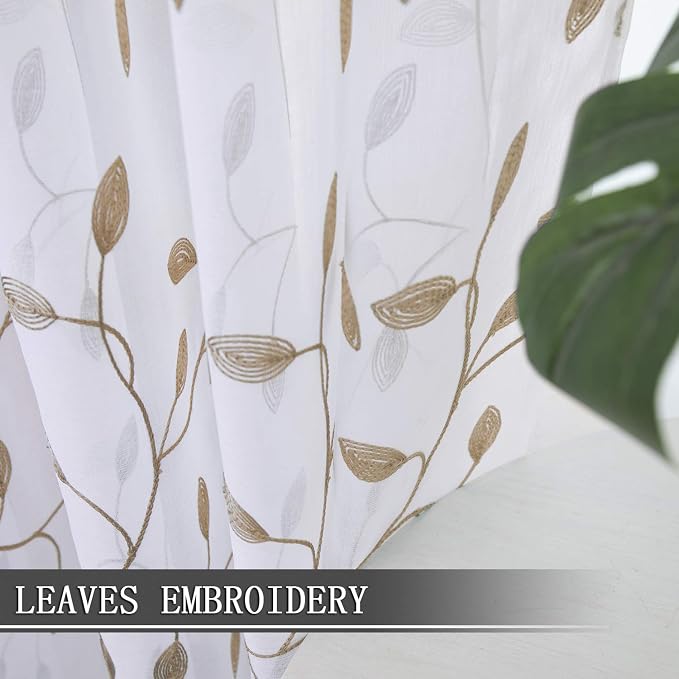 Tollpiz Leaves Short Sheer Curtains Taupe Leaf Embroidery Living Room Curtain - Image 3