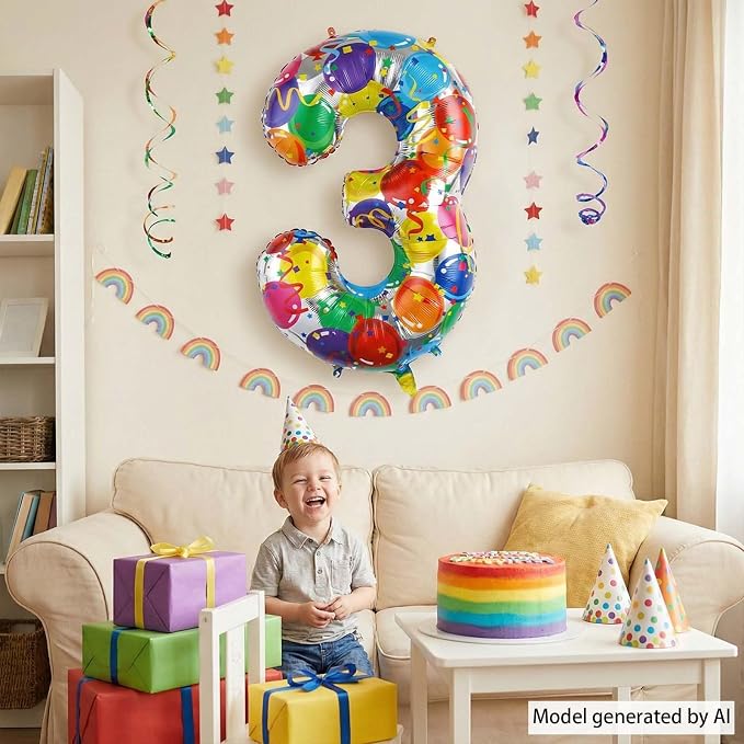 Rainbow Number 3 Balloon, 40 Inch Large Multi-color Mylar Foil Ballons - Image 6