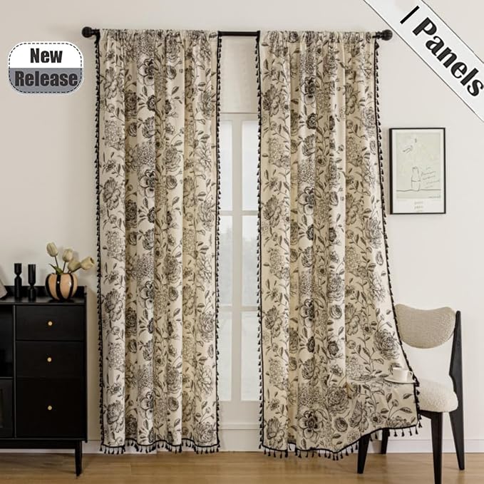 F-CHU Black Floral Farmhouse Curtains Living Room Drapes 84 Inch Length Cotton - Image 2