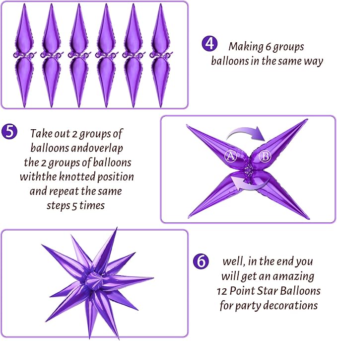 60 PCS Purple Star Balloons, 12 Point cone Explosion Star Foil Balloons - Image 6