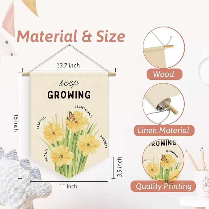 Plant Flower Classroom Decor, Keep Growing Motivational Linen Canvas Banner - Image 7