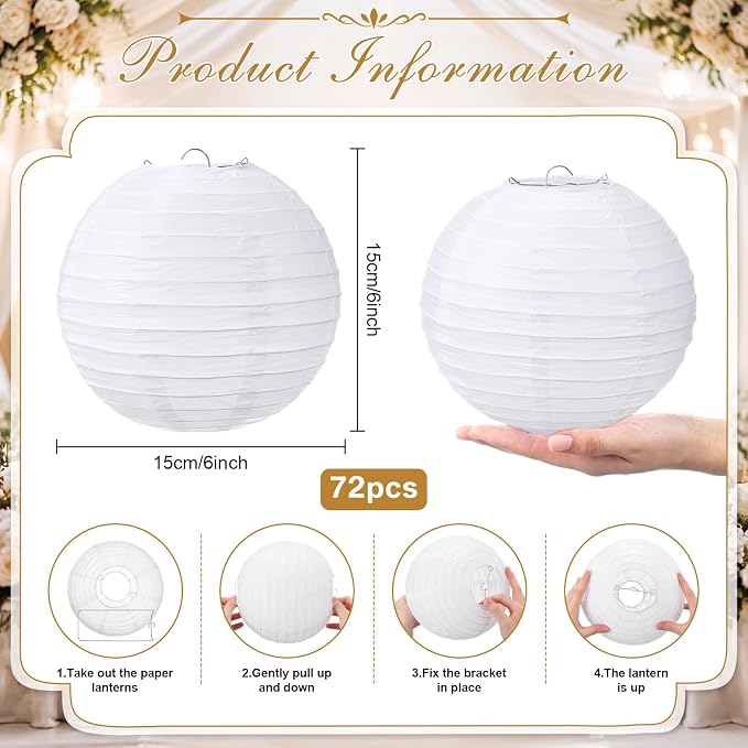 Treela 72 Pack White Chinese Japanese Paper Lanterns Decorative Hanging Round - Image 2