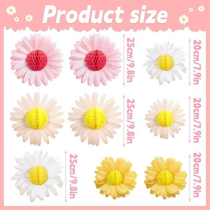 SUNBEAUTY Daisy Flower Hanging Decoration 9Pcs Pink and Yellow Daisy Honeycomb - Image 3