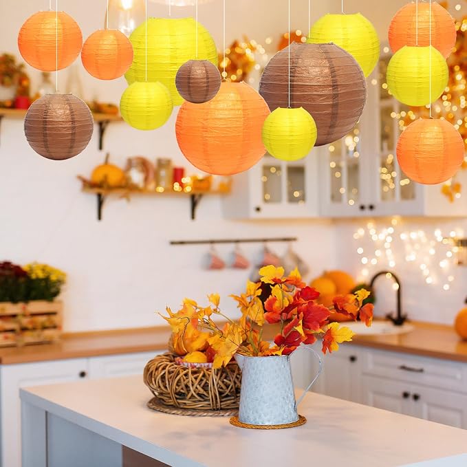 21Pcs Fall Paper Lanterns, 4-10in Yellow Orange Brown, Thanksgiving Decor | - Image 6