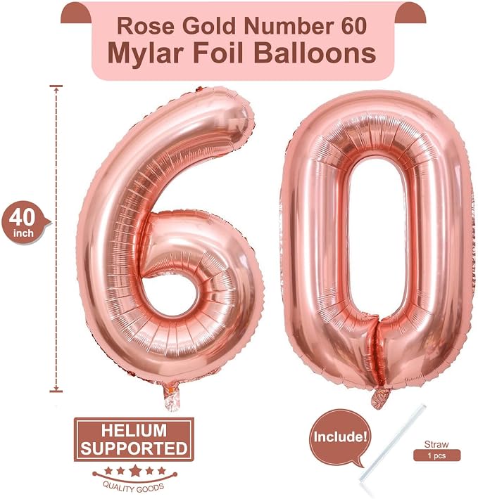 40 Inch Rose Gold 60 Number Balloons Giant Jumbo Huge 60 Foil Mylar Helium - Image 2