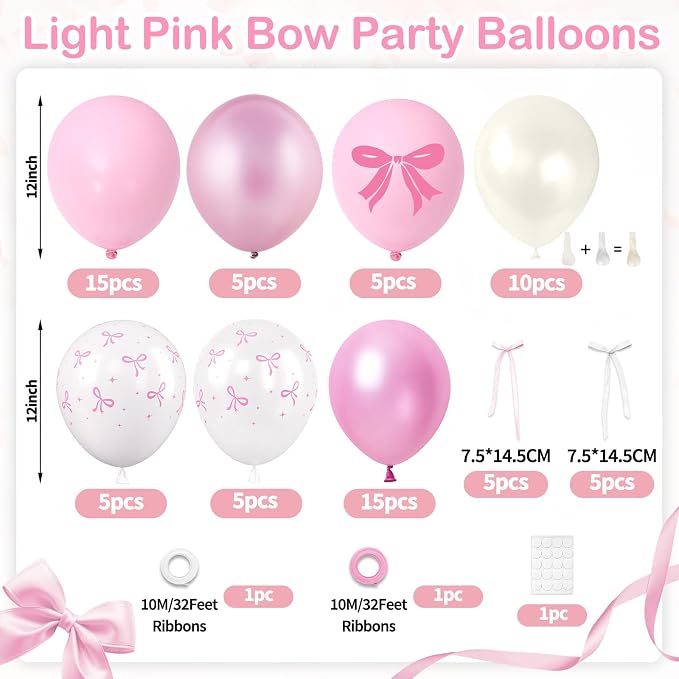 Pink Bow Balloons, 12 Inch Pastel Pink White Bow Printed Balloons - Image 2