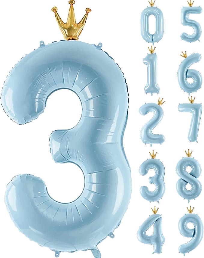 Number 3 Foil Balloon with Crown, 40-Inch Light Blue | Light blue number 3 foil by GifloonOfficial