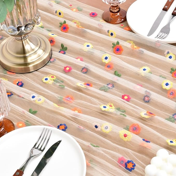 Joanlody 3pcs Champagne Embroidery Daisy Fall ThanksgivingTable Runner 10ft Florals Seasonal Tulle Table Runner Holiday Kitchen Dining Table Decoration for Home Party Indoor