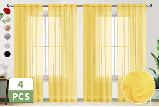 SpaceDresser Yellow Sheer Curtains 4 Panels Rod Pocket Semi-Sheer Curtain 72 - Image 2