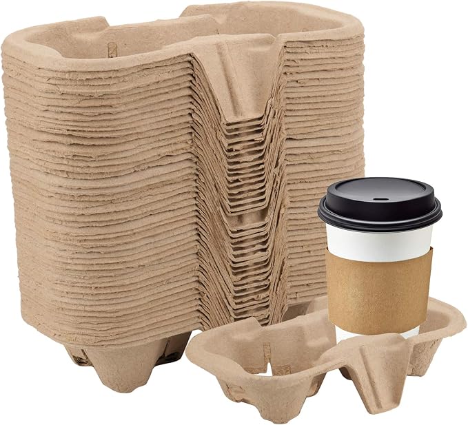HOZEON 100 Pack 2-Cup Pulp Fiber Drink Carrier, to Go Coffee Cup Holder by HOZEON