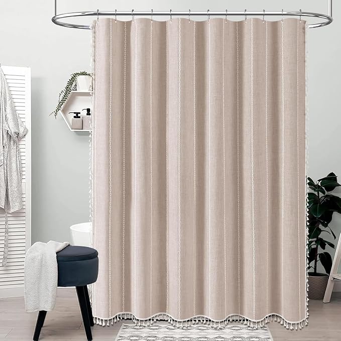 72 x 80 Boho Linen Heavy Duty Cloth Shower Curtain Set, Tan/Taupe | Long Size - Image 6