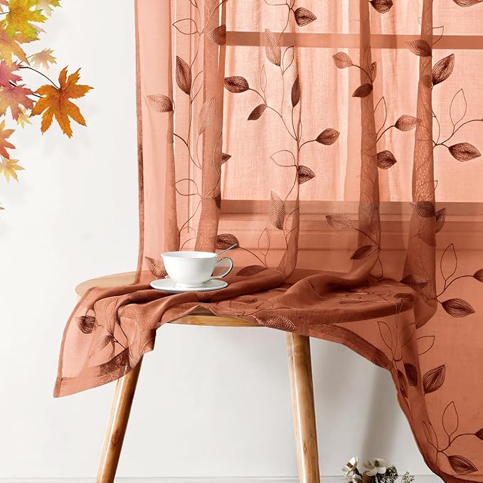 HOMEIDEAS Fall Burnt Orange Sheer Curtains 63 Inches Length 2 Panels by HOMEIDEAS