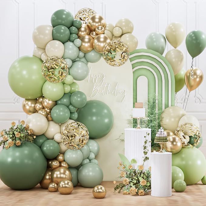 PartyWoo Sage Green Balloon Arch Kit 142pcs Dusty Boho Green Balloons | Olive by PartyWoo