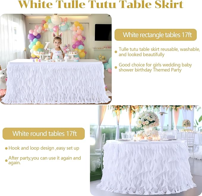 Partisky White Tulle Curly Willow Table Skirt for Rectangle Table 17ft, Ruffle Tutu Table Cloth for Wedding,Bridal Shower, Baby Shower,Birthday Party