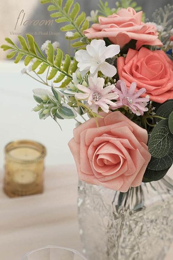 Floroom Artificial Flowers 50pcs Real Looking Mixed Living Coral Foam Fake Roses with Stems for DIY Wedding Bouquets Bridal Shower Centerpieces Floral Arrangements Party Tables Home Decorations