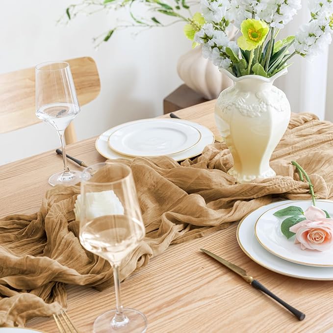 Asee'm 2pcs Cheesecloth Table Runner 120 Inches Long Khaki Boho Gauze Cheese Cloth Runner 10FT Rustic Sheer Table Runners for Christmas Wedding Party Baby Shower Spring Easter Decoration