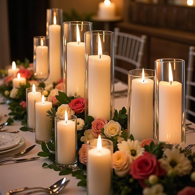 36 PCS White Pillar Candles with Glass Candle Holders Clear Hurricane Candle Holders Glass Cylinder Vases for Centerpieces Wedding Party, Event, Home Office (18 Candles+18 Candle Hoders)